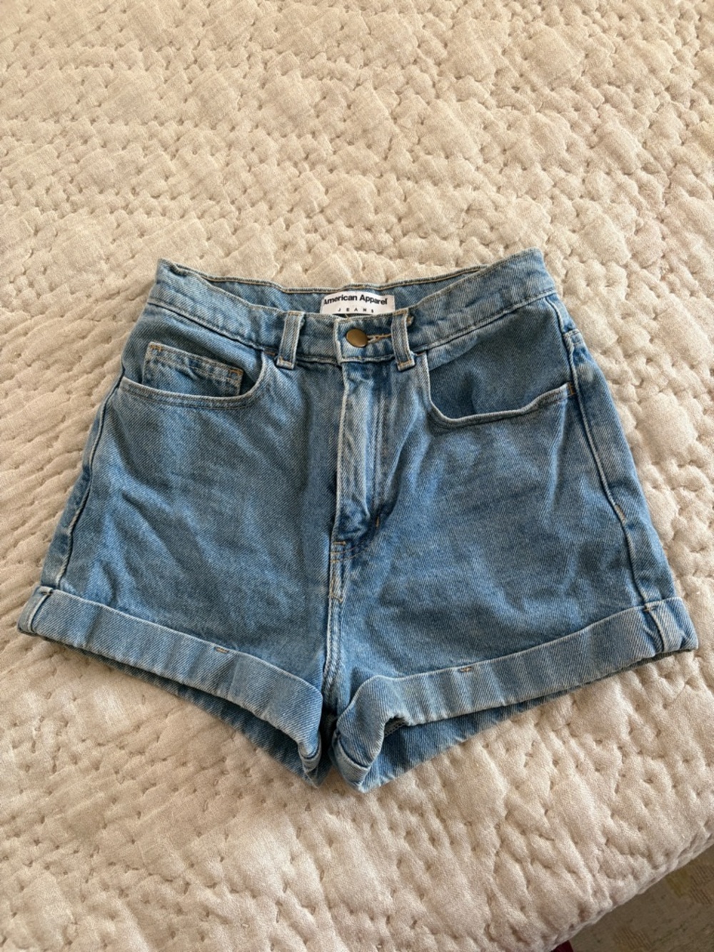 American Apparel Light Wash Denim High-Waist Rolled Hem Shorts- 25